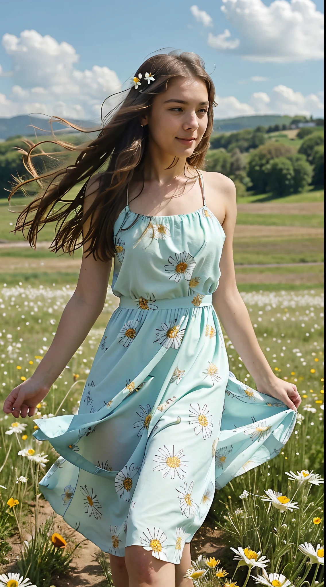 Create a 1-minute high-resolution video of a girl walking in a field of flowers. The girl has long hair blowing in the wind and wears a printed flowy dress. She spins and dances through the open field full of wild flowers such as daisies, poppies and lilies in the most varied colors. Butterflies fly around her. In the background, green hills can be seen. The girl appears sometimes in close-up, sometimes in open shot, walking and turning around the field. The sky is clear blue with some clouds. The camera makes smooth movements, following the girl's movements. The soundtrack is happy, ethereal music. The video conveys lightness, joy and freedom
