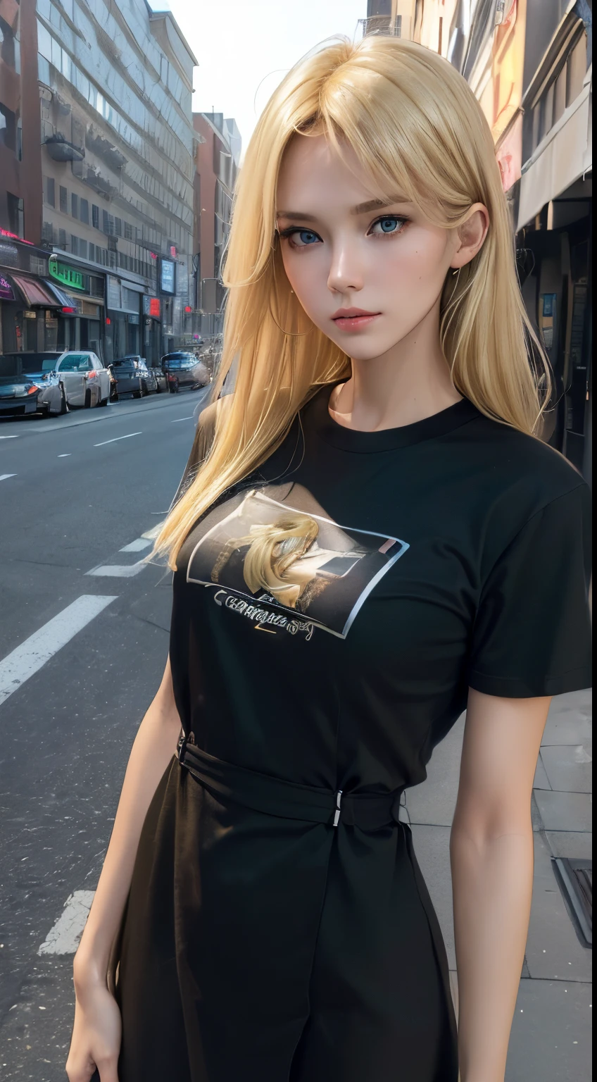 ((Best Quality, 8K, Masterpiece: 1.3)), full - body, sharp-focus: 1.2, Outstanding beauty: 1.4, slender abs: 1.2, (((blonde, big: 1.2)), T-shirt dress: 1.1, (night city, Street: 1.1), Highly Detailed Facial and Skin Texture, A detailed eye, double eyelids