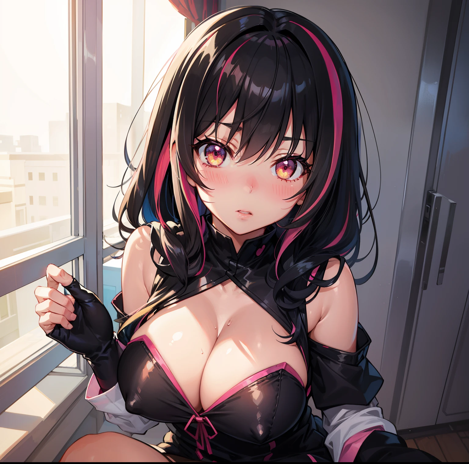 blush, cleavage,, red eyes, red fingerless gloves,glowing aura, natural light, masterpiece, glossy skin, juicy lips ,long hair, cute, kawaii, adorable, reaching up, adult, cuddle, kawaii clothes,random hair style, random clothes, black hair, (((pink streaks in hair))), yellow eyes, ((black hair)), snake, random pose, random background, random action, sexy, hot, nipple slip