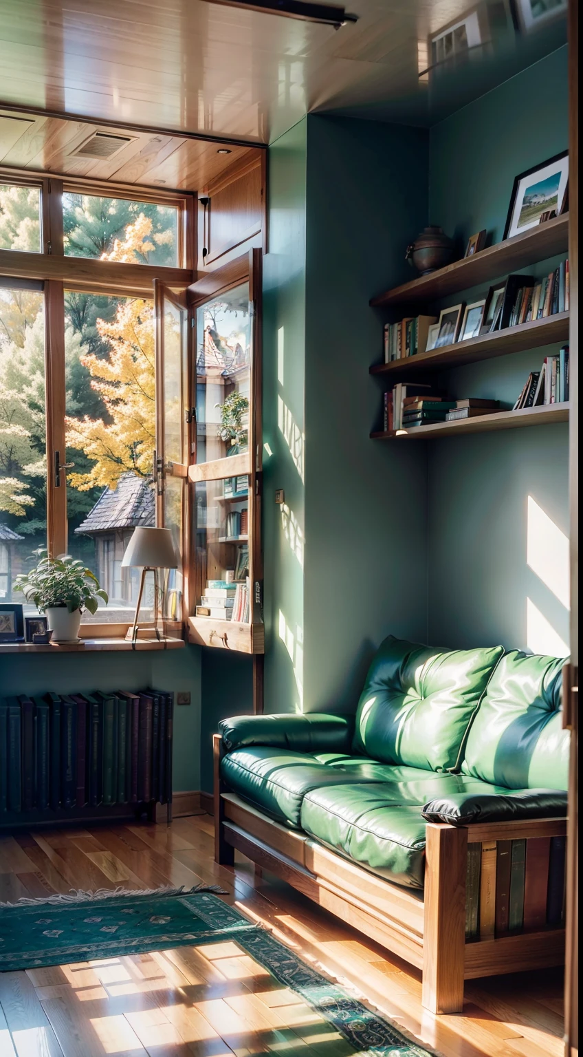 room with big windows, built in wooden shelving with colorful books, green leather and oak modern couch and solid oak flooring 45mm original editorial photo
