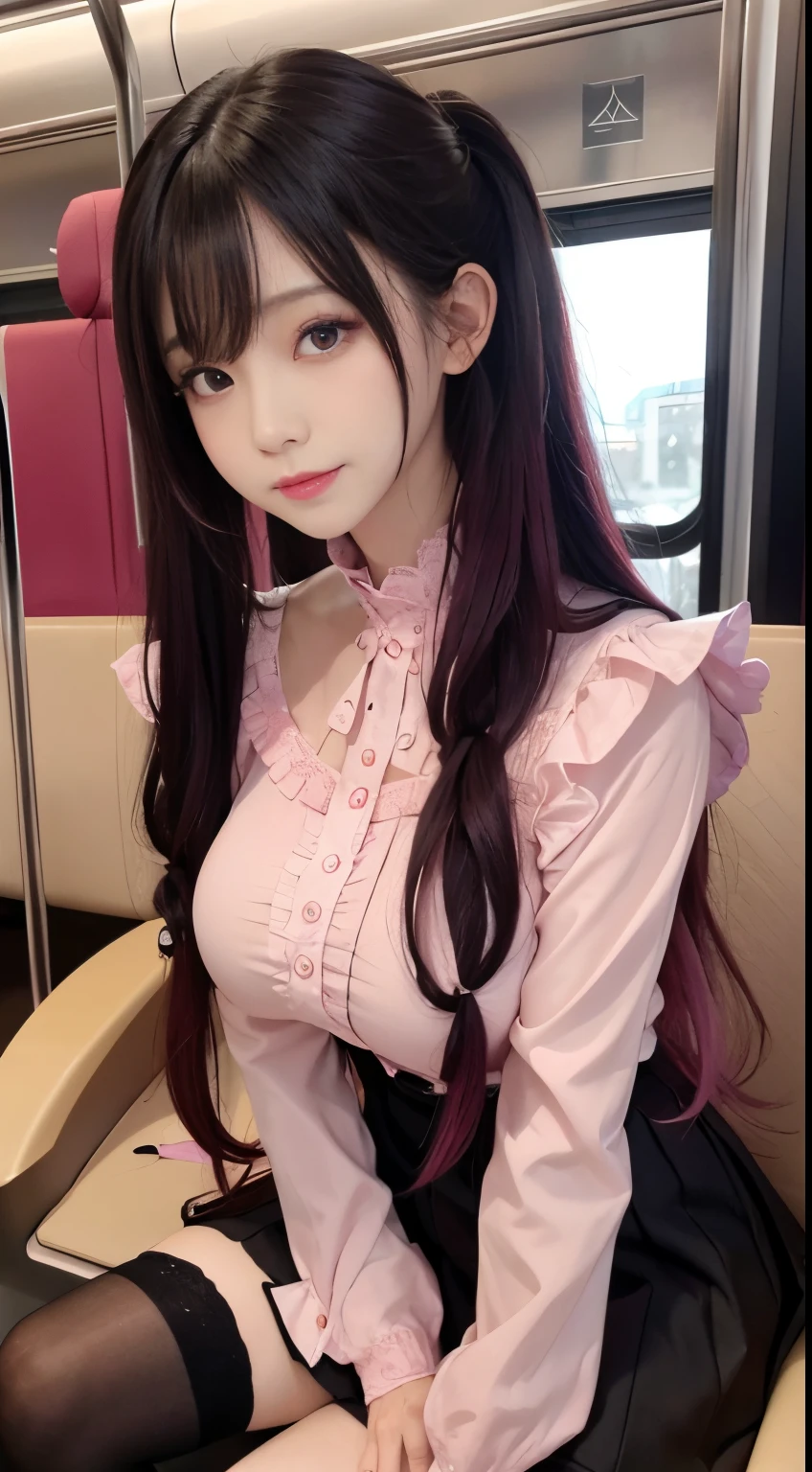 Korean Beauty，Sitting on the train，（（（tmasterpiece）））， （（best qualtiy））， （（intricate detailes））， （（Ultra-realistic realism））， Ridiculous resolution， A MILF， Mature Woman， ighly detailed， illustratio， 1girll，（（Large breasts））， perfect hand， Detailed finger， Beautiful detailed eyes， Lowered twin tails， colored inner hair， very long black hair, very bright pink hair， with brown eye， Name badge， （ Korean style long sleeve dark pink ruffled lace up pleated skirt， Black knee-high socks:2.2），detailedbackground， perfect  eyes， mesmerizing eyes，Slightly open mouth, ((Colossal breasts 1 girl that seems to break:1.2))