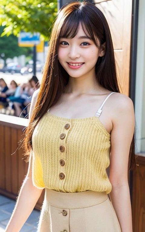 1womanl, 20yr old、Colossal tits ((Beautiful shiny straight semi-long:1.2)),Beautiful fingers,Beautiful long legs,Beauty Body,Cute nose,Beautiful bare skin、perfect eyes,Perfect and realistic face,ighly detailed ,(tmasterpiece:1.0),(best_quality:1.0), 超A high resolution,4K,ultra - detailed, photography of, 8K, nffsw, hight resolution, the background is blurred, (Beautiful_Face:1.5)、(The background is a café restaurant at night:1.3),(White Brown Sheer Flared Long Skirt:1.3),(Colossal tits) Backgrounds with depth Three-dimensional feeling ((White Beige Nit Ultra Fine Yarn Camisole、Very fine buttons:1.4)) (Beautiful large breast、Eyes are blue、Hair is pink、Beautiful like a model in a cute yellow miniskirt、kawaii、A refreshing smile、university campus、Outside on a sunny day