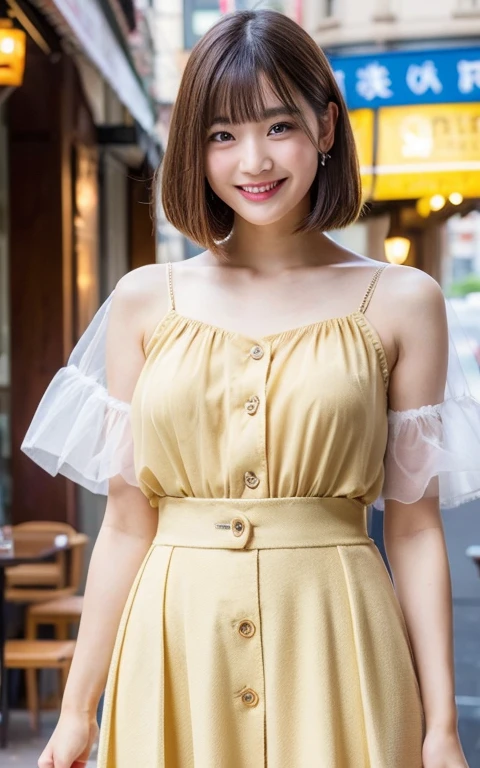 1womanl,  20yr old、Colossal tits　((Beautiful shiny straight semi-long:1.2)),Beautiful fingers,Beautiful long legs,Beauty Body，Cute nose，Beautiful bare skin、perfect  eyes，Perfect and realistic face，ighly detailed ，（tmasterpiece:1.0),(best_quality:1.0), 超A high resolution,4K,ultra - detailed, photography of, 8K, nffsw, hight resolution, the background is blurred, (Beautiful_Face:1.5)、(The background is a café restaurant at night:1.3),(White Brown Sheer Flared Long Skirt:1.3),(Colossal tits) Backgrounds with depth　Three-dimensional feeling　((White Beige Nit Ultra Fine Yarn Camisole、Very fine buttons:1.4)) (Beautiful large breast、Eyes are blue、Hair is pink、Beautiful like a model in a cute yellow miniskirt、kawaii、A refreshing smile、university campus、Outside on a sunny day