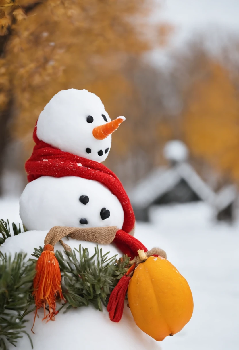 Build a snowman，Yellow leaves，White snow，Snowman red scarf，Carrot nose，chubbiness