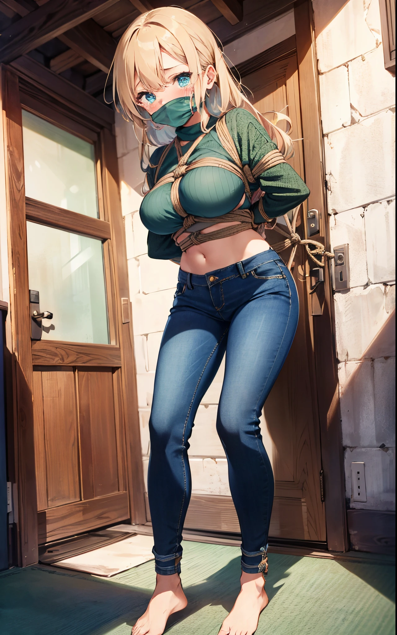 1girl, blond hair, open forehead, blue eyes, crying, scared, (gagged:1.2), not safe for work, large breast, (green sweater:1.2), (shibari:1.4), tied with chair, rope bondage, ((restrained)), tied up to a pole, rope, (skinny blue denim pants:1.4), thin waist, wide hips, barefoot, indoor, basement, (arms behind back:0.8), legs tied up, ultra high resolution, (full body shot)