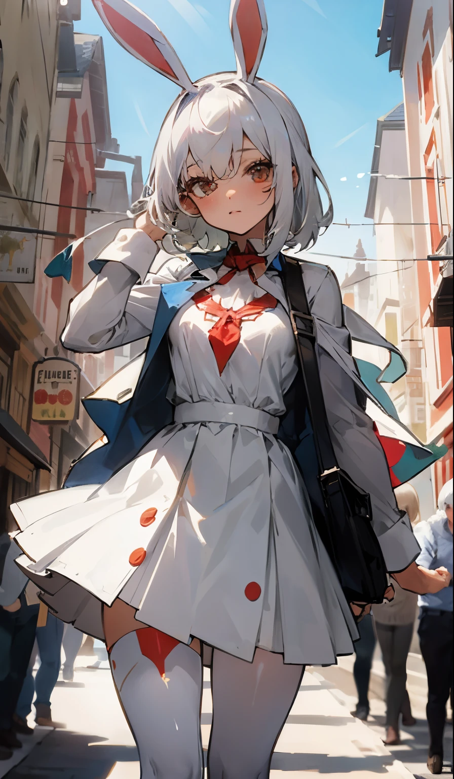 There was a girl in town,Wearing a white Spider-Man costume,Has white hair,,a skirt,bunnygirl