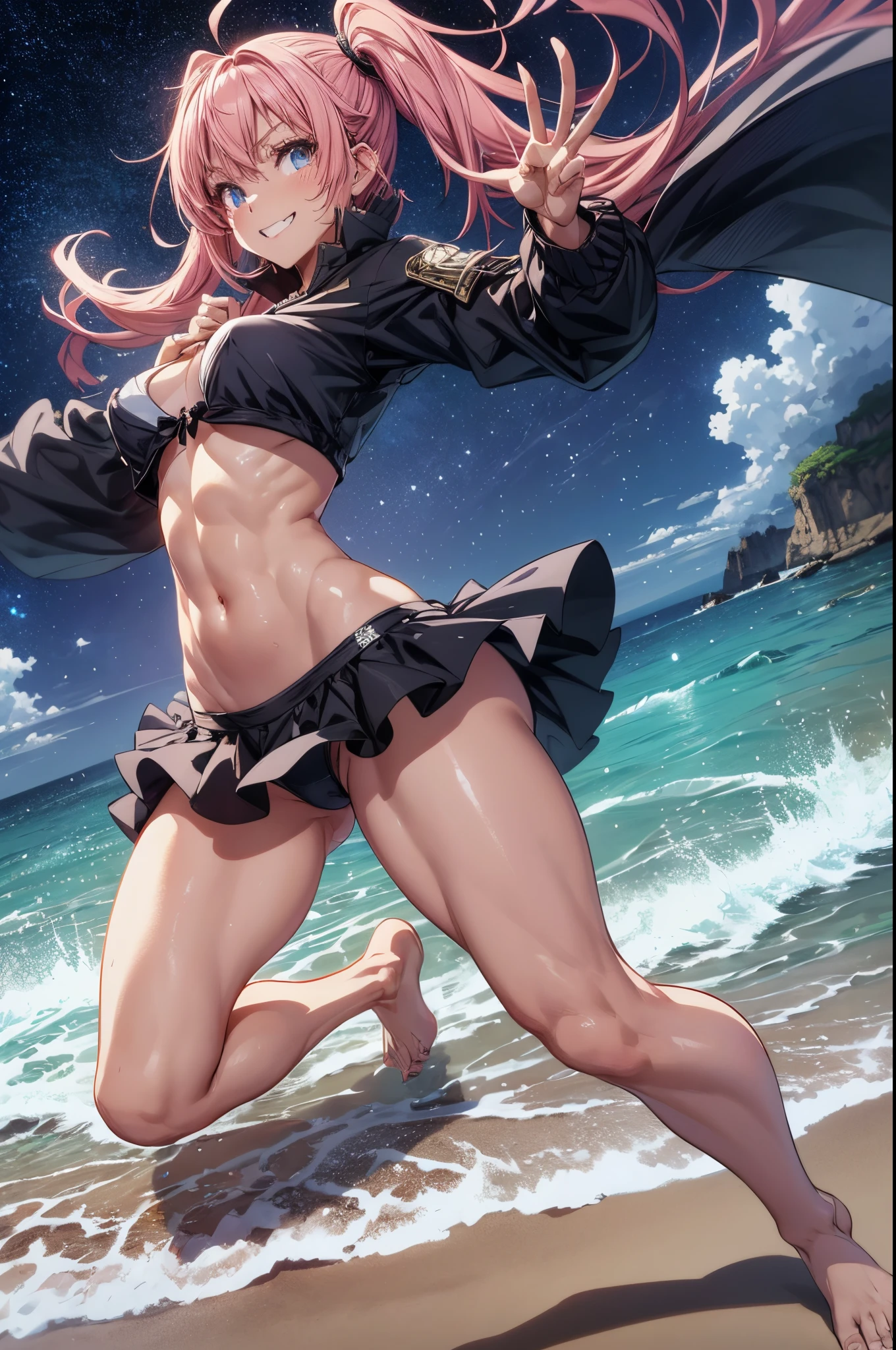 1 girl, (medium boobs))) (((big ass))), (mischievous smile), (showing teeth), (((very short bikini))), (long pink hair), (((eyes blue))), (on the beach at night with a starry sky and a moon full of blood), (slender), (thin waist), (butt only), legs (slim and muscular), muscular belly, bare feet, ((( full body photo))), (standing), (((doing the peace pose))), twintails, sparkling eyes, eye reflection, sulking, anime, anime style, ray tracing, sparkle, drop shadow, (camera from below), panorama, Sony FE, 8k, UHD, masterpiece, ccurate, anatomically correct, super detail, best quality, highres, HD, 16k