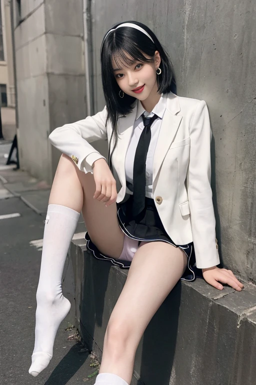 8K RAW photo, high resolution, ful body, 17 year old cool Korean, big round breasts, school uniform, tie, tie ribbon, blazer, skirt, beautiful eyes in detail, long eyelashes, beautiful double eyelids, eye shadow, slit eyes, sanpaku eyes, dark eye makeup, V pose hand, smile, teeth, happy face, beautiful thin legs, ((black underknee socks)), black hair, straight bob hair, white hairband, round earrings, school background, ((sitting on wall)), spread legs,, ((black panties)), dark brown leather school shoes, legs, feets, ((show feets)