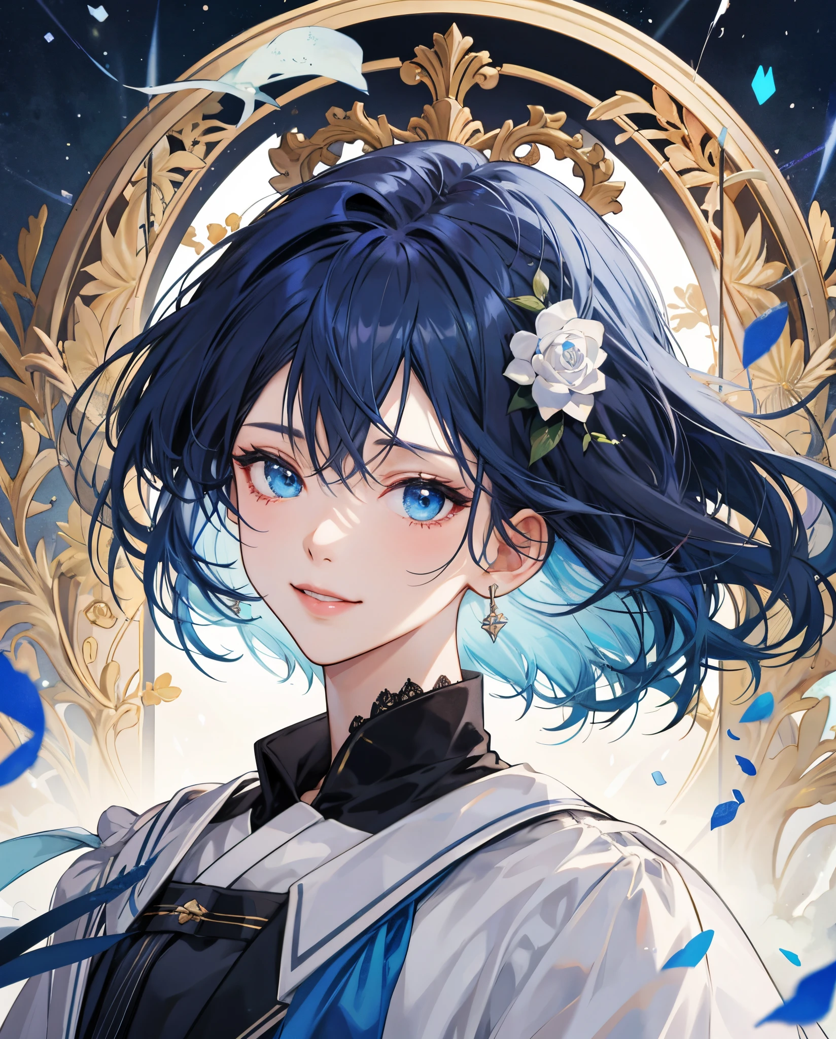 masterpiece、top-quality、超A high resolution、2D Beautiful Girl、animesque、s girl、Indigo hair、short-haired、Rose hair ornament、Beautiful light blue eyes、The clothes are also depicted in detail、Eyes are depicted in detail、The face is depicted in detail、sorcerer、soio、Gentle smile、hair adornments、animesque、illustratio