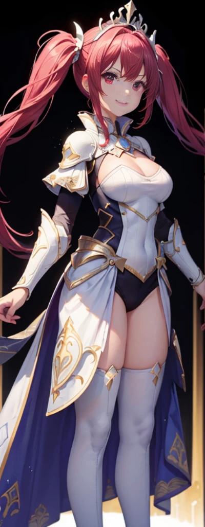 (fully body photo:1.4),white backgrounid,(1 girl,Flash fluorescence,Hats,Glowing armor,Delicate tiara,ssmile),(paper art,Quilted paper art,geometry),(Lots of colors,Best quality at best,high detal,tmasterpiece,movie light effect,4K,lightand shade contrast),Colossal tits,red hair clothes,pigtails,Blue knee-length socks,Glowing armor,Red-eyed,Purple colored hair,pigtails
