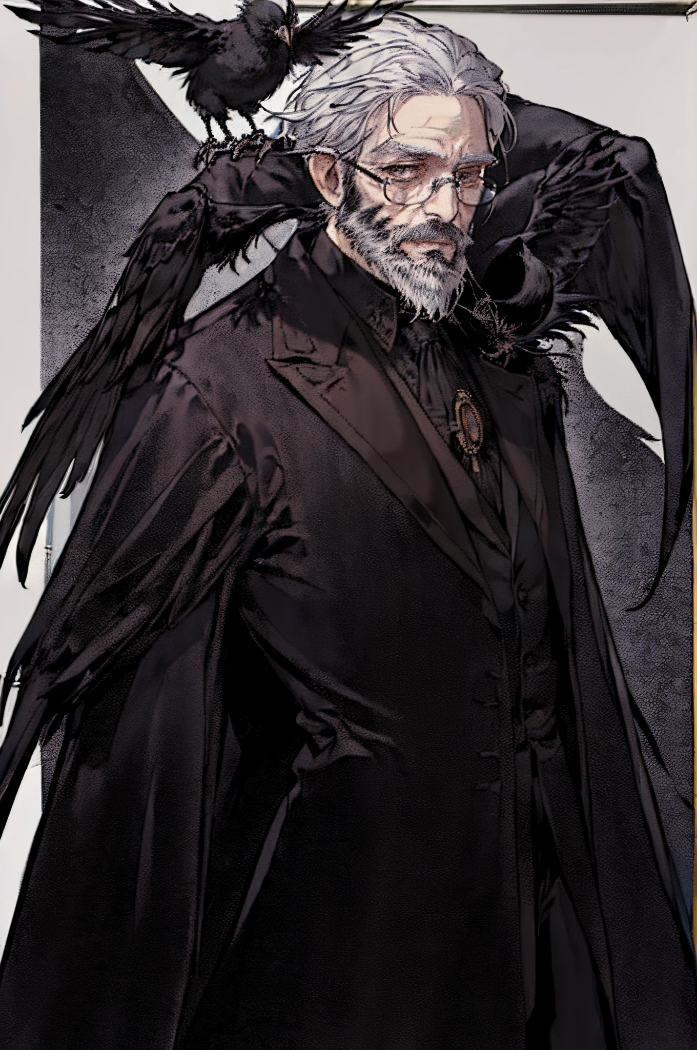 (((Alone))),(((1 persons))),transparent background,male people,The expression is serious,((Single role)),( ( wear a long coat ) ),((wearing black suits)),((Wearing a monocle)),((a old man)),((white hair and beard)),((There is a crow on the shoulder))