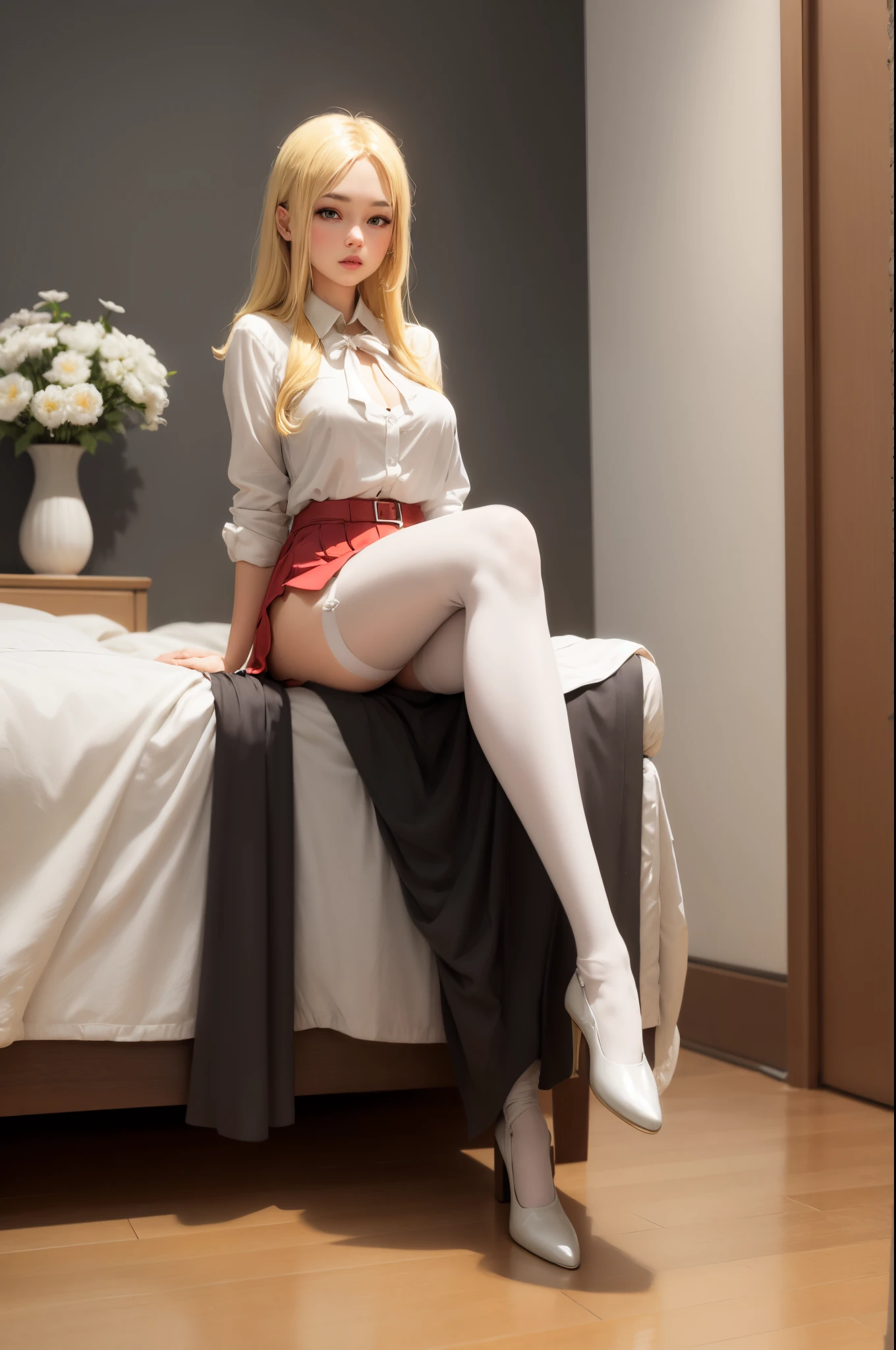 a beauty girl，goddes，School flowers，Bigchest，White color blouse，golden hair，dual horsetail，black short skirt，white stockings，legs standing together，sit on a bed，Red leather shoes，Full body photo