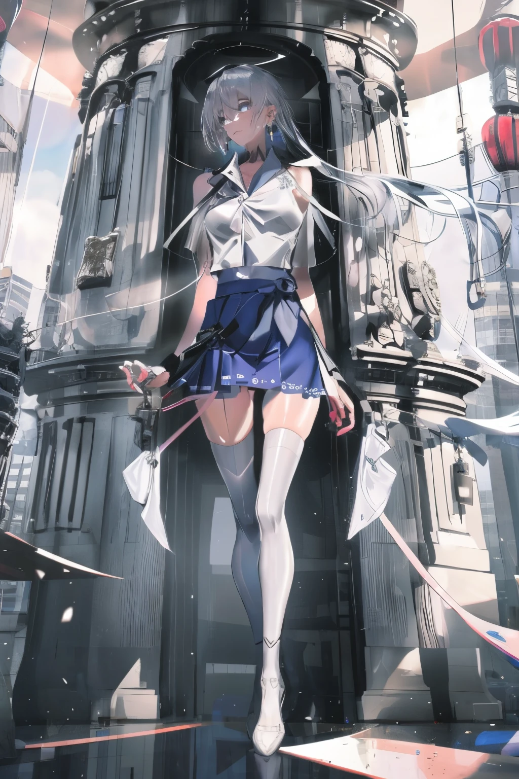 (Masterpiece: 1.1), (Best Quality: 1.0), (Ultra HD: 1.0), (8k Resolution: 1.2), (Real: 1.0), (Ultra Detail 1:0), (RAW Photo: 1.1), Bird's Eye View angle, Shibuya_\(Japan\), outdoors, 1 girl, bangs, sexy pink ribbon panties, breasts, clavicle, collared shirt, ear piercings, earrings, eyebrows visible through hair, head tilt, jewelry , lifted by myself, blue loose tie, medium chest, piercing, uniform, shirt, solo, underwear, white shirt, embarrassed face, (ear piercing: 1:1), earrings, looking at camera, nail art, nail polish , see-through bangs, light gray hair, (blue skirt), clavicle, thigh gap, small hips, mini skirt, matayomu uniform, (cameltoe: 1.2)