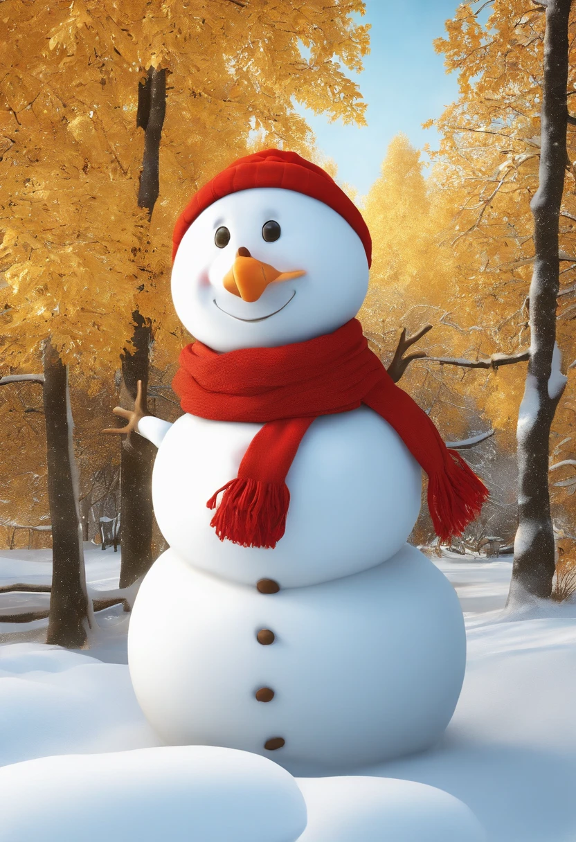 Make a snowman,Yellow leaves,White snow,Snowman red scarf,Carrot nose,chubbiness,The mouth smiles,anthropomorphic turtle,3 d animesexy