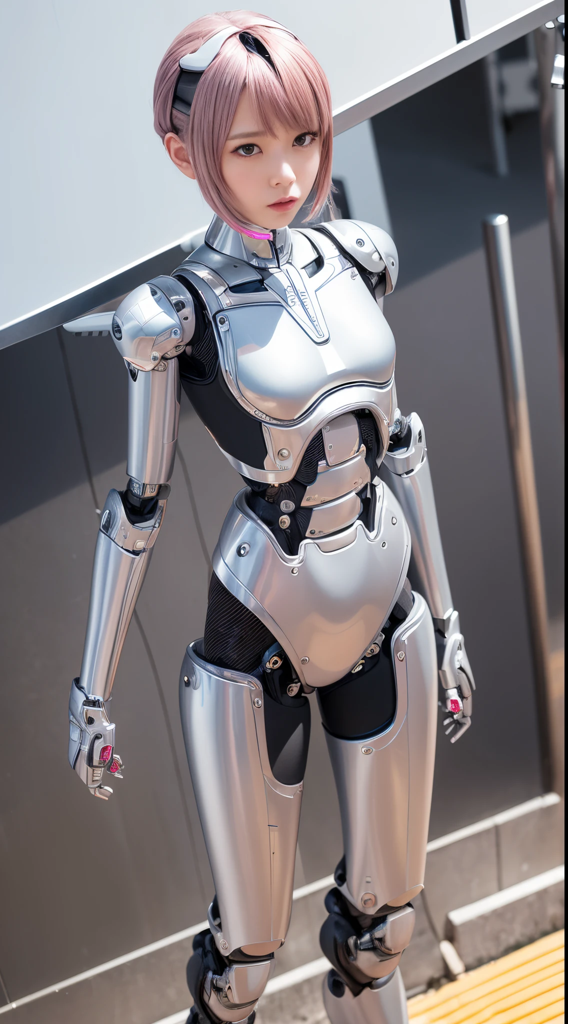 robot girl, pink there, Silver, Metallic body, Robot Parts, Metal Parts, Super Detailed Face, Super well-formed face, of the highest quality, a small face, a small head, Brown hair, slender body, Camera gaze, Internal Mechanical Exposure, Idol, Well-proportioned body, gravure, Photo session, Akihabara, Moe Pose, Standing with legs open, Model body type, sad, Embarrassing,(Perfect Robot Girl),(Perfect machine body)