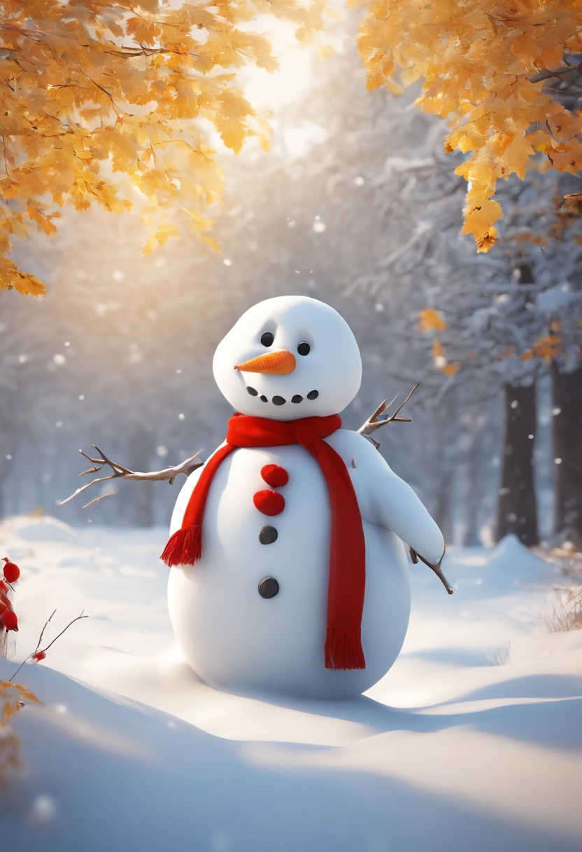 Build a snowman，Yellow leaves，White snow，Snowman red scarf，Carrot nose，chubbiness，The corners of his mouth smiled，anthropomorphic turtle，3D anime sexy