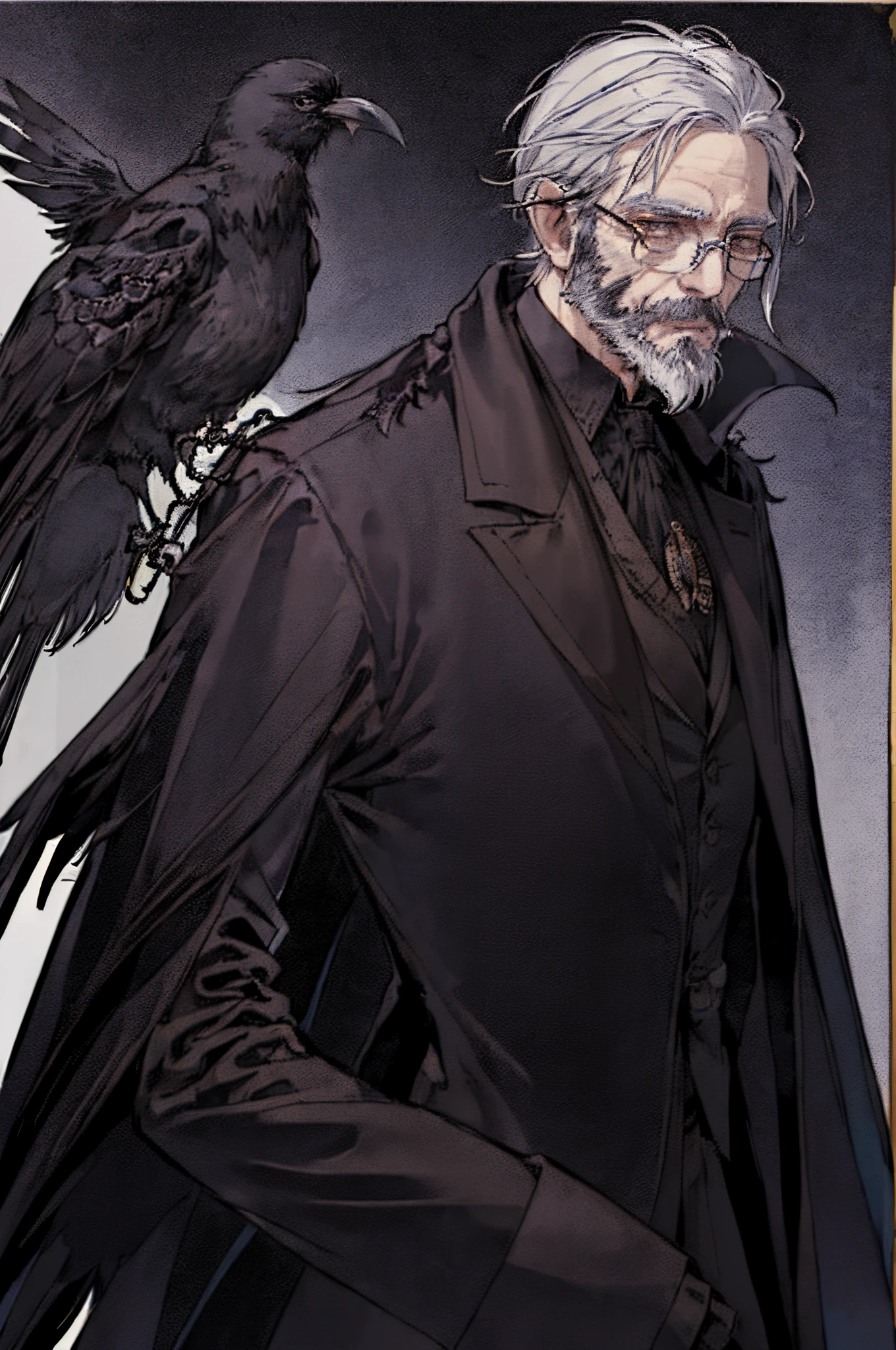 (((Alone))),(((1 persons))),transparent background,male people,The expression is serious,((Single role)),( ( wear a long coat ) ),((wearing black suits)),((Wearing a monocle)),((a old man)),((white hair and beard)),((There is a crow on the shoulder))