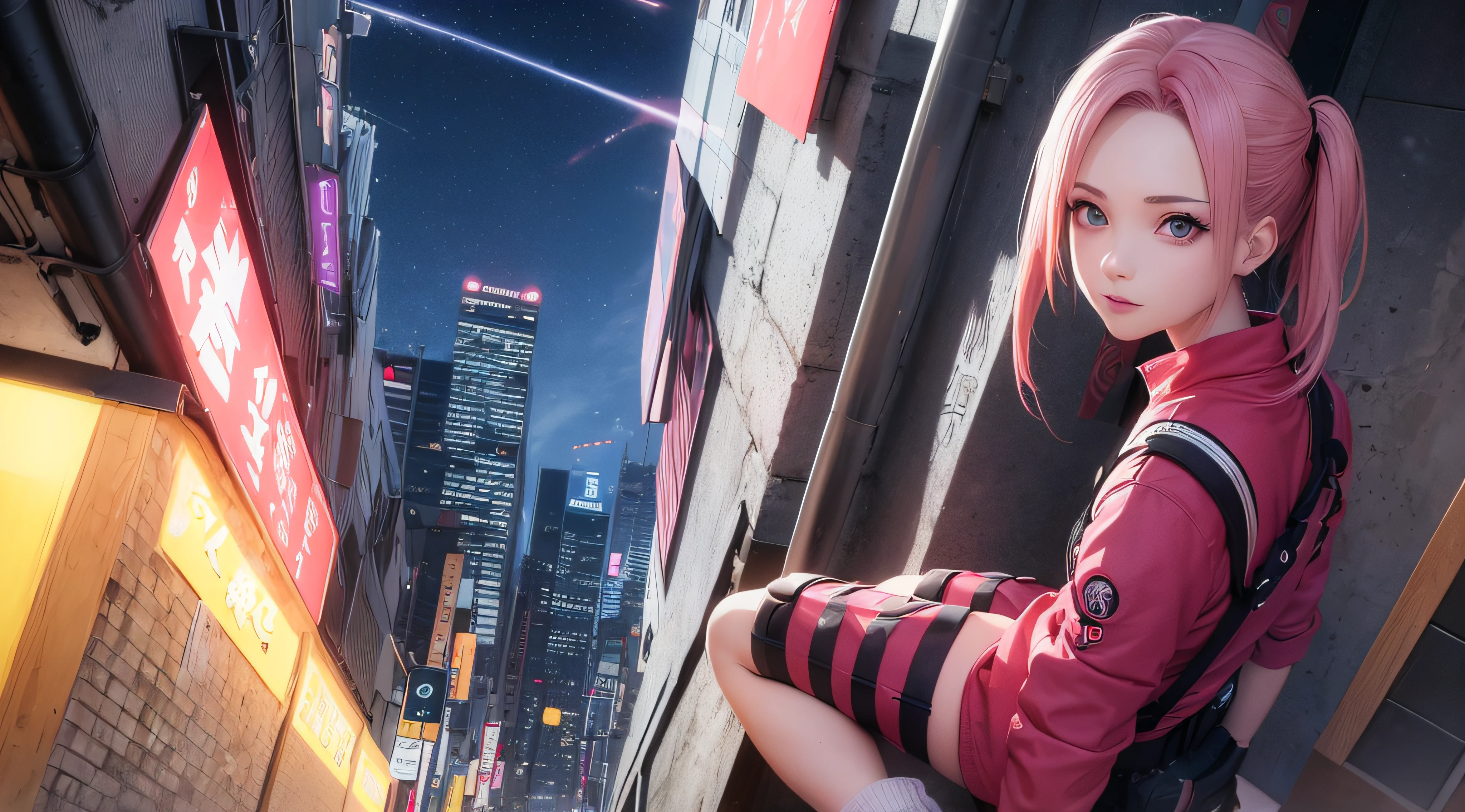 (obra prima) (perfection) (ultrarrealista | | |) (sem defeitos) Naruto shippuden, sakura haruno, roupa futurista, neon, cidade do futuro, noite, foto profissional, cinematografic