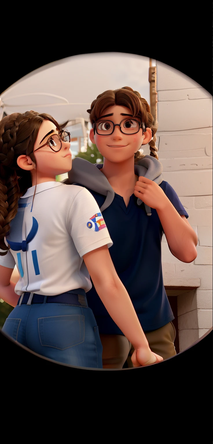 Casal qualidade alta, um casal de jovens adolescentes, um menino moreno e cabelo curto , blusa gola preta ,and a brunette girl with braided hair , white team shirt and glasses