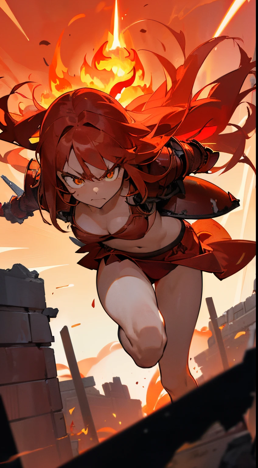 1girl in,Solo,16 seconds,Angry face,(((woman face))),(((Red Bikini Armor, a red skirt))), Yellow hair,Long hair,Crimson eyes,Burning Body,(((Run at high speed in front of the ruins))),(((Attack with fireballs, A beam of flame from the palm held out in front)))、Concentrated line to the back of the screen、Watercolor style、