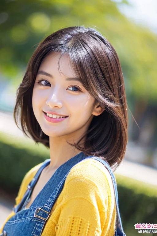 beautiful woman with good eyes and nose、Beautiful as a model、Cute like a model、Eyes are double、Usage of regular mascara、Eye color blue、Hair color pink、Her face is delicate and classy.、imagem 4k、Beautiful style like a model、Ordinary big、A refreshing and lovely smile、Yellow blouse、plain orange miniskirt、University campus on a sunny day、Pose like a model、Overall portrait、Snapshots、Grab your second bag、