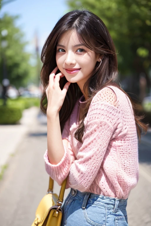 beautiful woman with good eyes and nose、Beautiful as a model、Cute like a model、Eyes are double、Usage of regular mascara、Eye color blue、Hair color pink、Her face is delicate and classy.、imagem 4k、Beautiful style like a model、Ordinary big、A refreshing and lovely smile、Yellow blouse、plain orange miniskirt、University campus on a sunny day、Pose like a model、Overall portrait、Snapshots、Grab your second bag、