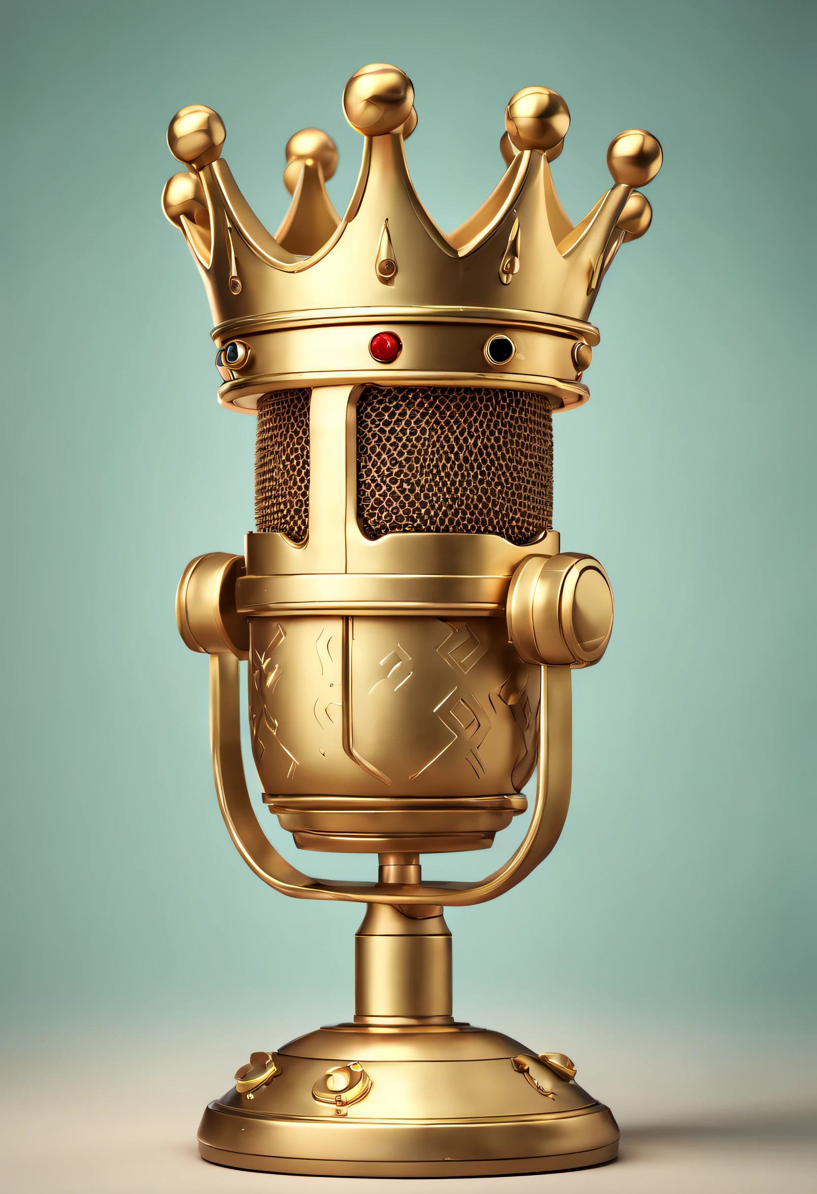 Detailed golden microphone with crown on top, cinematic character design by mark ryden and pixar and hayao miyazaki, unreal 5, daz, hyperrealistic, octane render, cartoon style