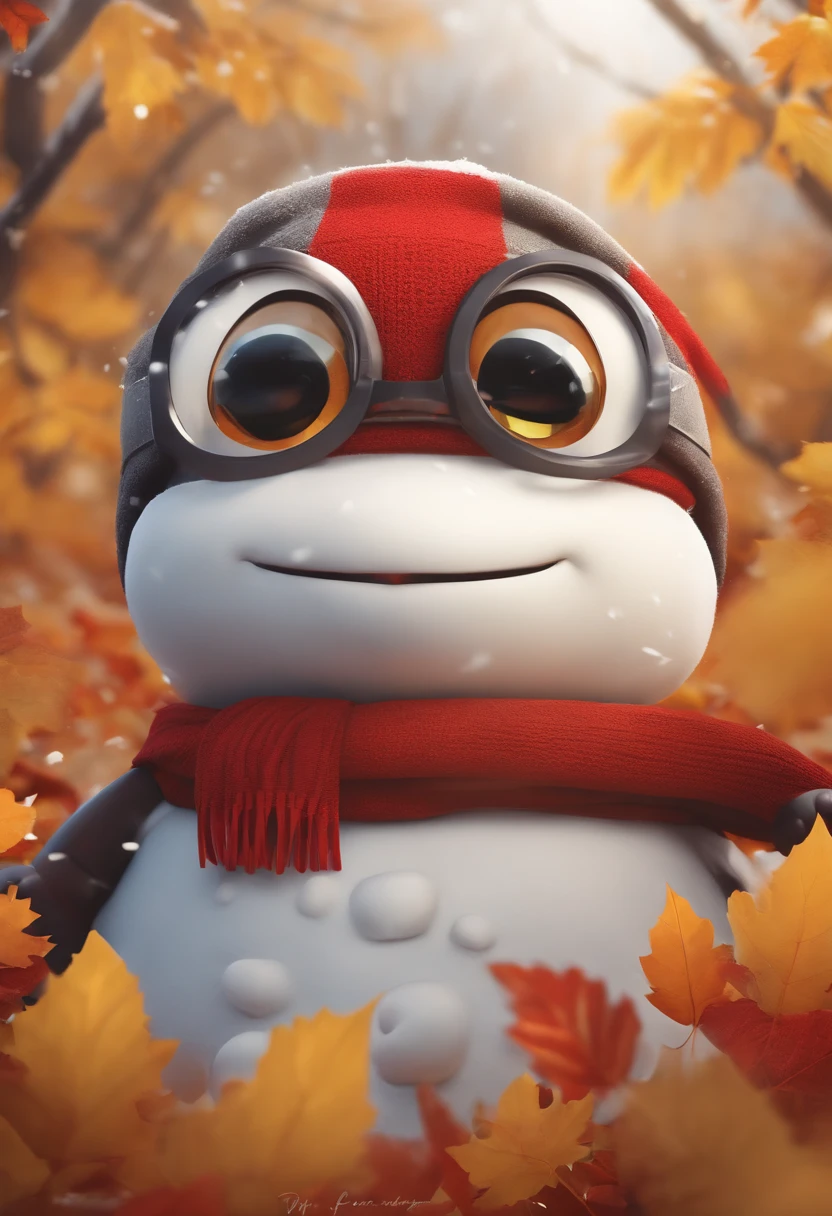 Make a snowman,Yellow leaves,White snow,Snowman red scarf,Carrot nose,chubbiness,A smile appeared on his lips,anthropomorphic turtle,3D anime sexy