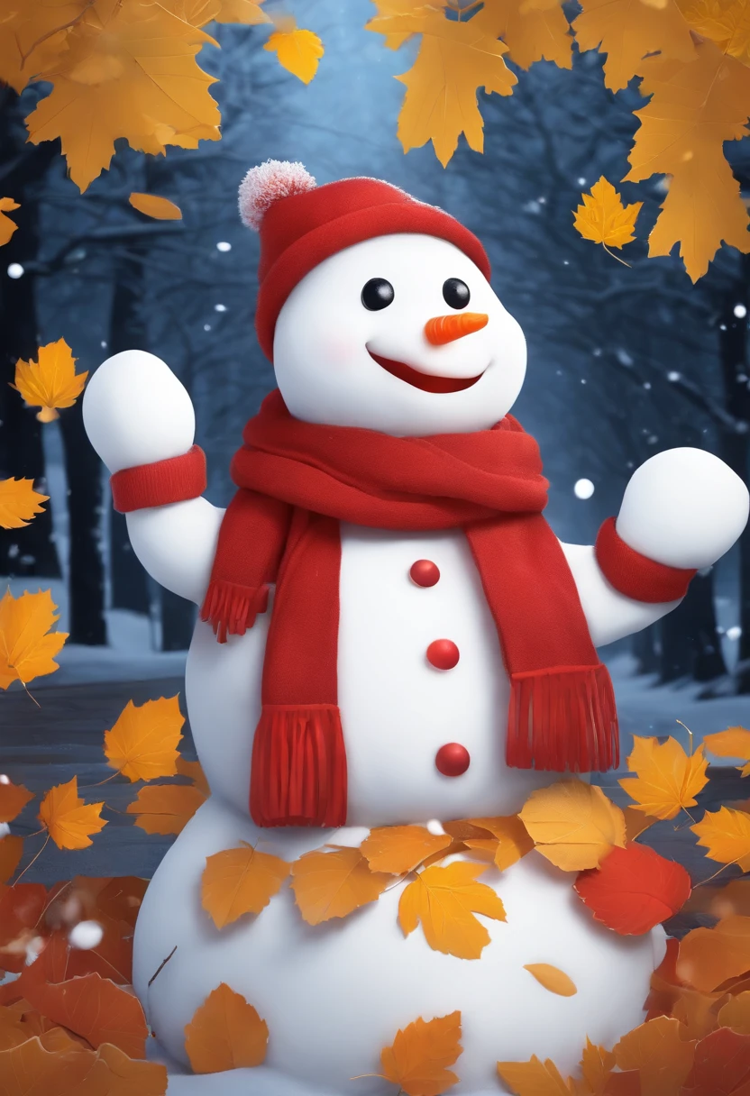 Make a snowman，Yellow leaves，White snow，Snowman red scarf，Carrot nose，chubbiness，A smile appeared on his lips，anthropomorphic turtle，3D anime sexy