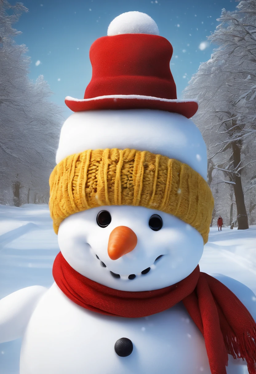 Make a snowman,Yellow leaves,White snow,Snowman red scarf,Carrot nose,chubbiness,A smile appeared on his lips,anthropomorphic turtle,3D anime sexy
