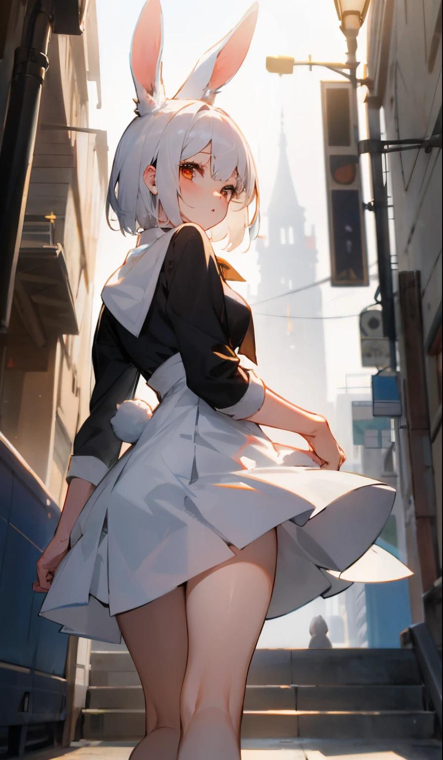 There was a girl in town，Has white hair，，a skirt，bunnygirl