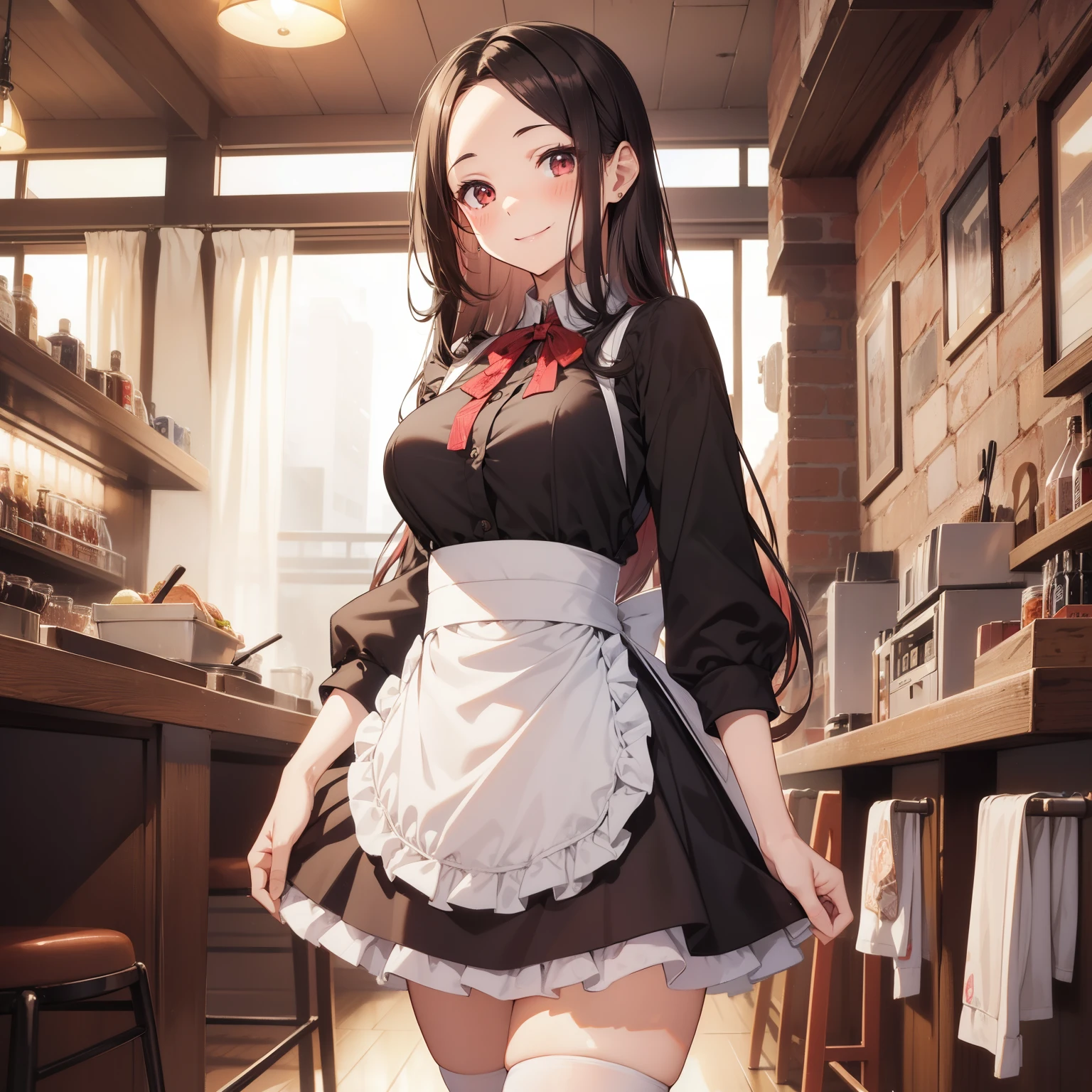 (perfect anatomy, anatomically correct, super detailed skin), 1 womanl, solo, japanese, 24 years old, 7 headed body, (detailed ultra-oily shiny skin:1.1), watching the view, (smile:1.5), wet,
beautiful hair, beautiful face, beautiful detailed eyes, (long hair:1.4, side ponytail:1.7), light brown hair, (large breasts:0.8), (cute face), (Ideal ratio body proportions), emphasis on the buttocks,
beautiful clavicle, beautiful body, beautiful chest, beautiful thigh, beautiful legs, breast, barefoot, barearm, slender, small buttocks, skinny legs,
(waitresses, mini apron, see-through short sleeves white collared shirt, black mini skirt, high-heels, ), seductive thighs,
(beautiful scenery), cafes, walking, (put a café tray on the hands),
(8k, top-quality, masterpiece:1.2, extremely detailed), (photorealistic), beautiful art, visual art, depth of fields, cinematic lighting, surrealism, depth of fields,