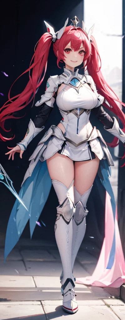 (Full body photo:1.4),white backgrounid,(1 girl,Flash fluorescence,Hats,Glowing armor,Delicate headgear,ssmile),(paper art,Quilted paper art,geometry),(Lots of colors,Best quality,high detal,tmasterpiece,movie light effect,4K,lightand shade contrast),Colossal tits,red hair clothes,pigtails,Blue knee-length socks,Glowing armor,red - eyed,A pink-haired,pigtails