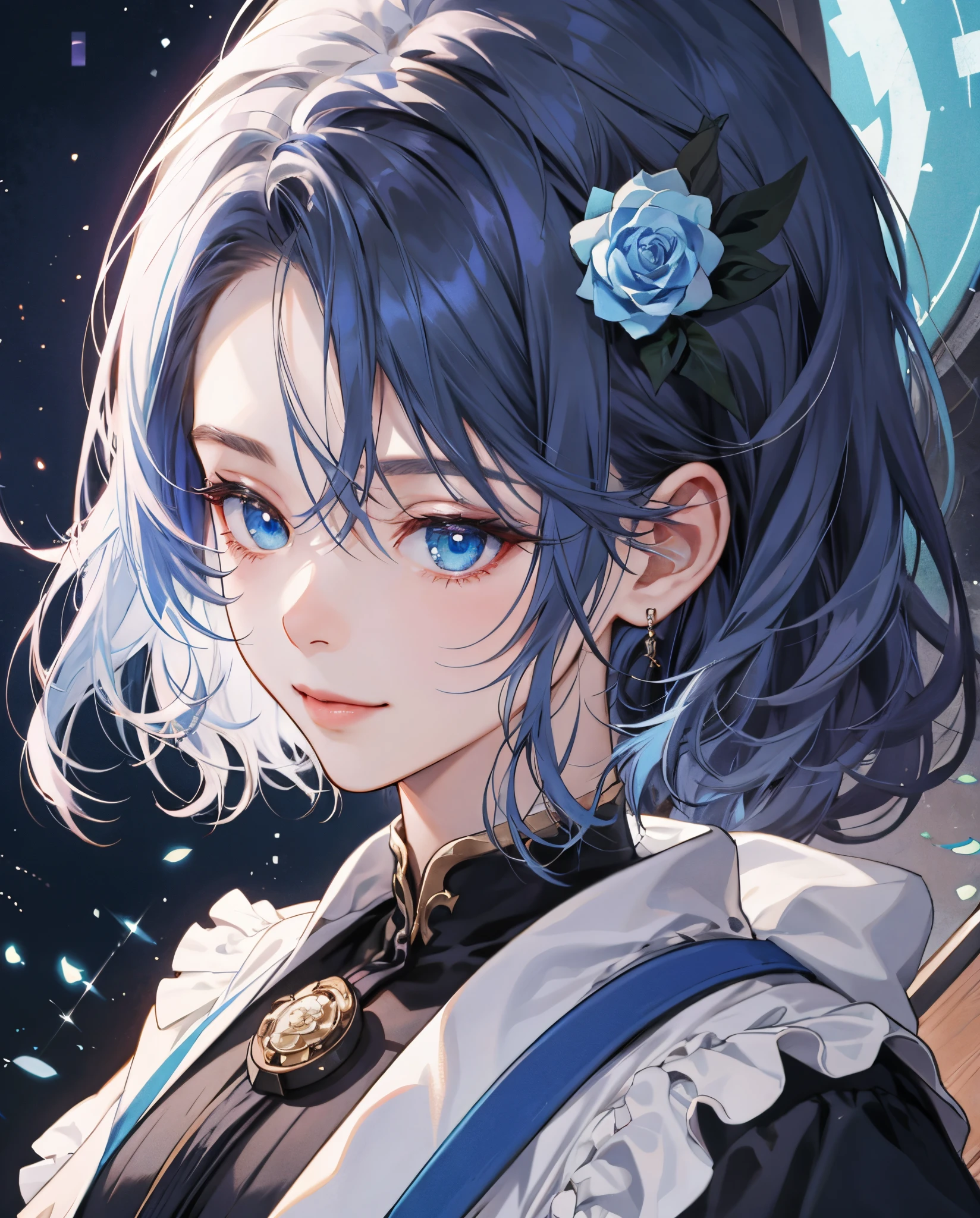 masterpiece、top-quality、超A high resolution、2D Beautiful Girl、animesque、s girl、Indigo hair、Natural perm hair、Rose hair ornament、Beautiful light blue eyes、The clothes are also depicted in detail、Eyes are depicted in detail、The face is depicted in detail、gloves、sorcerer、soio、Gentle smile、hair adornments、animesque、illustratio