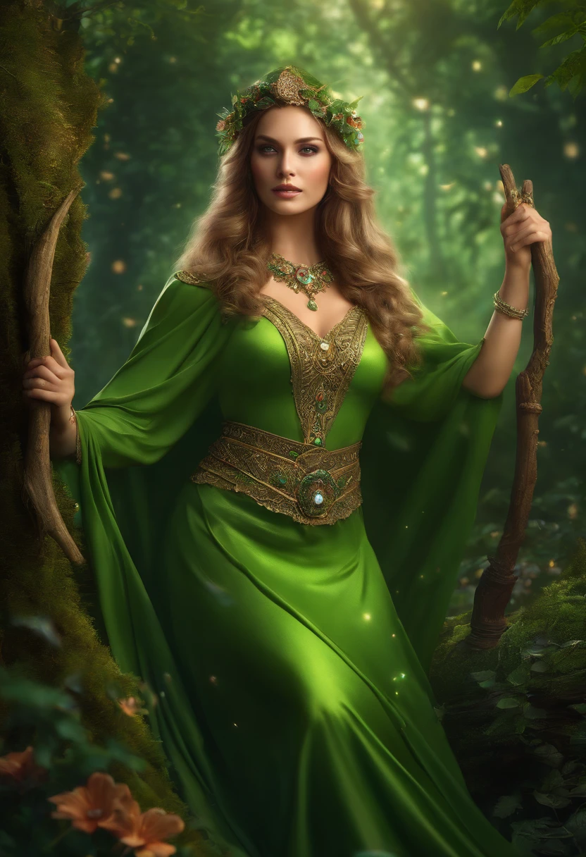 (best quality,highres),(realistic),(portrait),(fantasy),(female),(full body),green pixie short hair,big booty,huge boobs,vivid colors,illuminated by studio lighting,sharp focus,physically-based rendering,ultra-detailed,beautiful detailed eyes,beautiful detailed lips,extremely detailed face,long eyelashes,elaborate fantasy costume,standing in a mystical forest surrounded by ancient trees and colorful flowers,magical particles floating in the air,soft sunlight filtering through the leaves,adding a warm golden hue to the scene,emerald green eyes sparkling with mystery and enchantment,a mischievous smile on her lips,holding a magical staff with intricate carvings,illustrated with fine details and shimmering gemstones,her curvaceous figure exuding confidence and power,emitting a gentle aura of magic and wisdom.