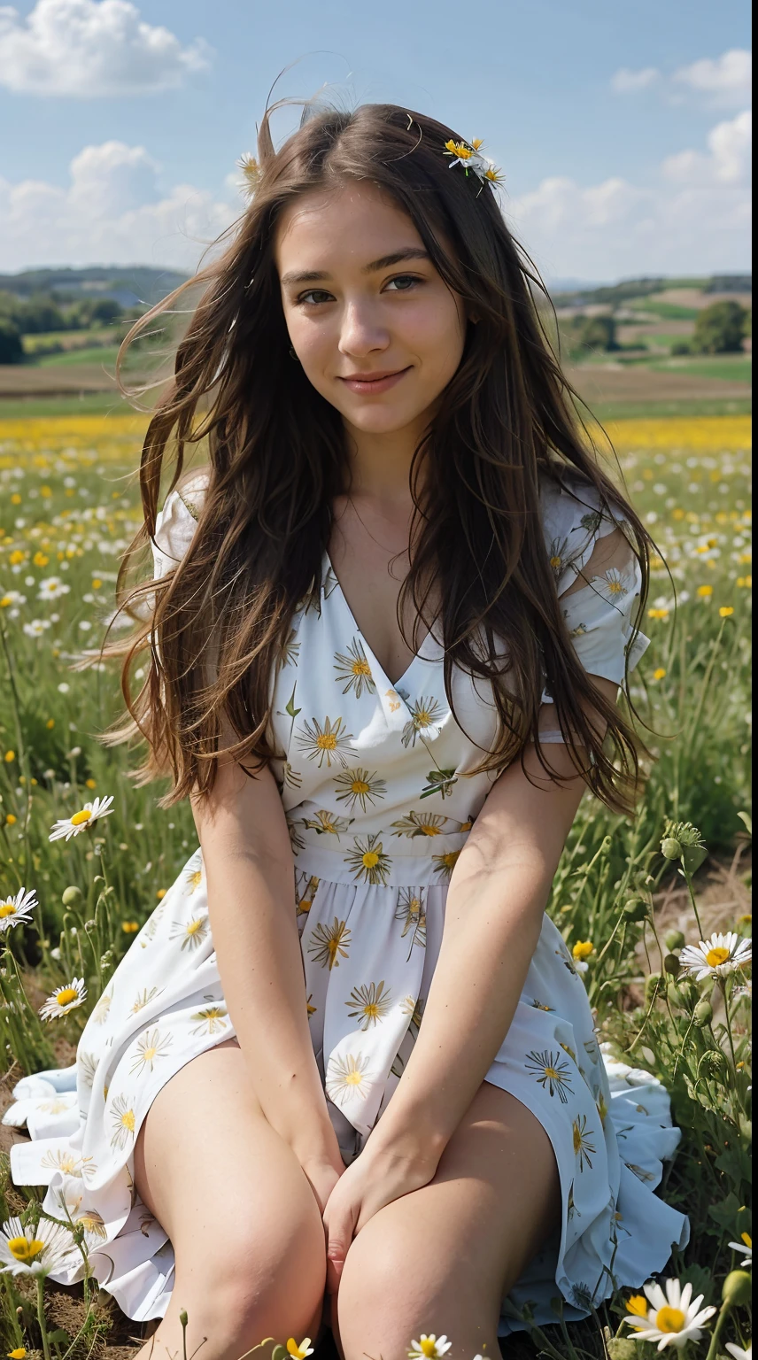 Create a 1-minute high-resolution video of a girl walking in a field of flowers. The girl has long hair blowing in the wind and wears a printed flowy dress. She spins and dances through the open field full of wild flowers such as daisies, poppies and lilies in the most varied colors. Butterflies fly around her. In the background, green hills can be seen. The girl appears sometimes in close-up, sometimes in open shot, sitting down in the field. The sky is clear blue with some clouds. The camera makes smooth movements, following the girl's movements. The soundtrack is happy, ethereal music. The video conveys lightness, joy and freedom