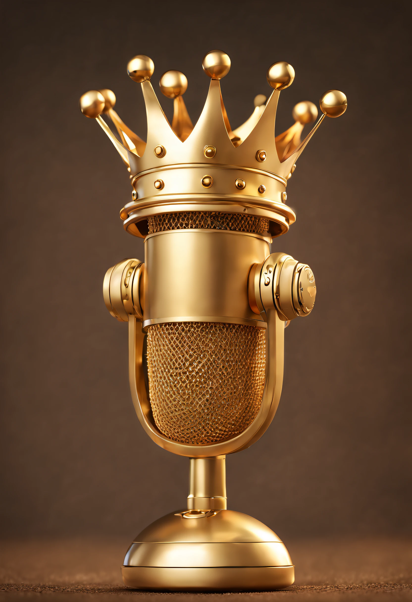 Detailed golden microphone with crown on top, cinematic character design by mark ryden and pixar and hayao miyazaki, unreal 5, daz, hyperrealistic, octane render, cartoon style