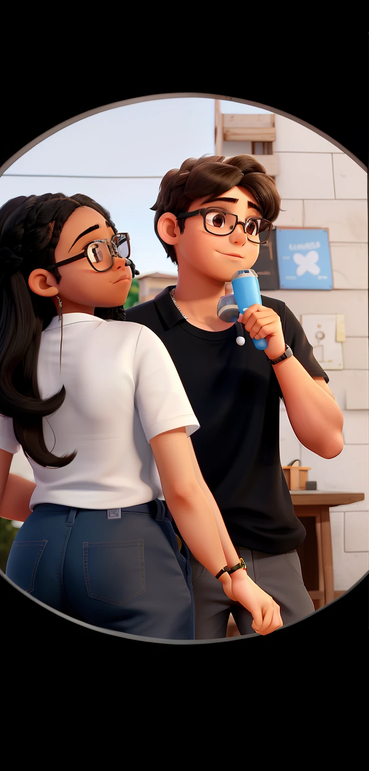 Casal qualidade alta, um casal de jovens adolescentes, um menino negro  e cabelo curto  , blusa gola preta ,e uma menina morena com cabelo cacheado , white shirt and team glasses