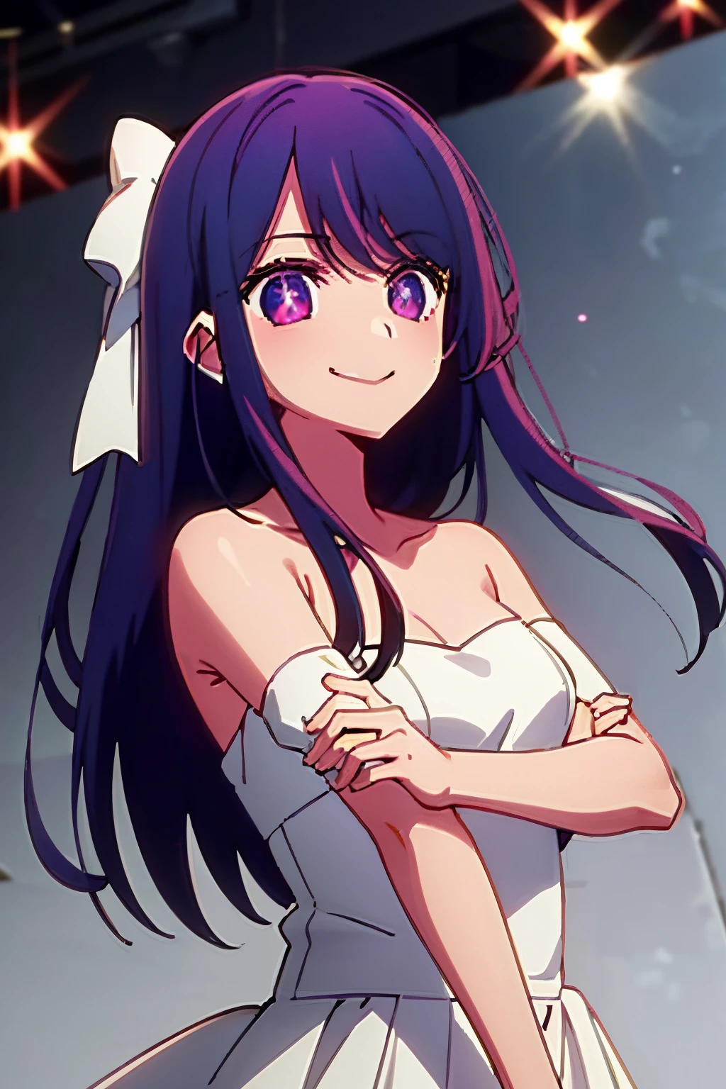 masterpiece、ighly detailed、(1 girl in:1.2)、purple color hair、strapless open shoulder dress、big eye、a closeup、Naughty smile、8K 、Ai Hoshino、Live performance venue、Star Eyes