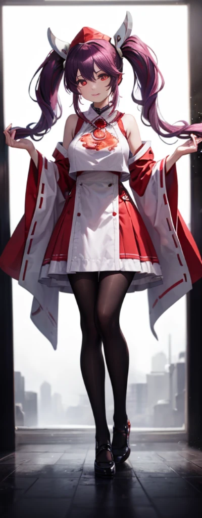 (Full body photo:1.4),white backgrounid,(1 Witch,Flash fluorescence,Hats,Fashionable Miko Costume,Delicate headgear,ssmile),(paper art,Quilted paper art,geometry),(Lots of colors,Best quality,high detal,tmasterpiece,movie light effect,4K,lightand shade contrast),Colossal tits,Red clothes,pigtails,Blue knee-length socks,glowing totem,red - eyed,Purple colored hair,pigtails