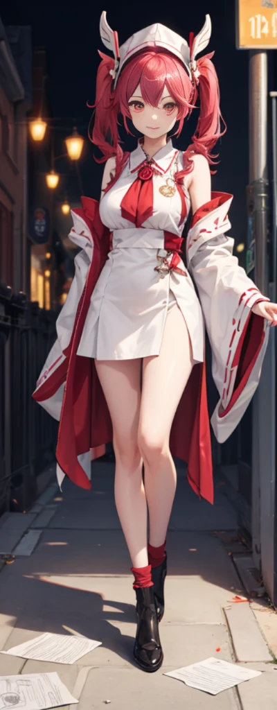 (Full body photo:1.4),white backgrounid,(1 Witch,Flash fluorescence,Hats,Fashionable Miko Costume,Delicate headgear,ssmile),(paper art,Quilted paper art,geometry),(Lots of colors,Best quality,high detal,tmasterpiece,movie light effect,4K,lightand shade contrast),Colossal tits,Red clothes,pigtails,Blue knee-length socks,glowing totem,red - eyed,Purple colored hair,pigtails