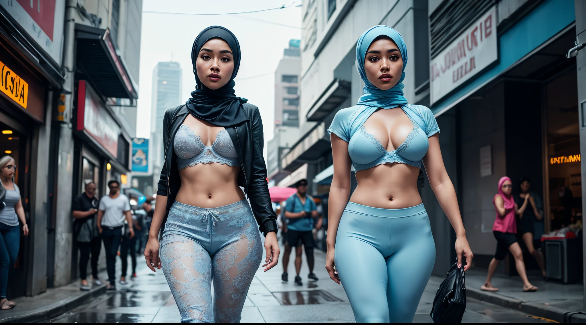 Photorealistic of Malay girl in hijab wearing light blue lace bra and high waist pants walking in a bustling cyberpunk city street in the morning, catwalk, sweating, wet body, very big sagging breast, very saggy breast, slim waist, wide hips, big round ass, thick thighs, thick leg, short girl, photo taken using Panavision DXL2, 30mm lens, Low angle shot, bright color grading, close up, bright light, ray lighting, Dynamic shadows, horror film, high quality, ultra detail, 8k,