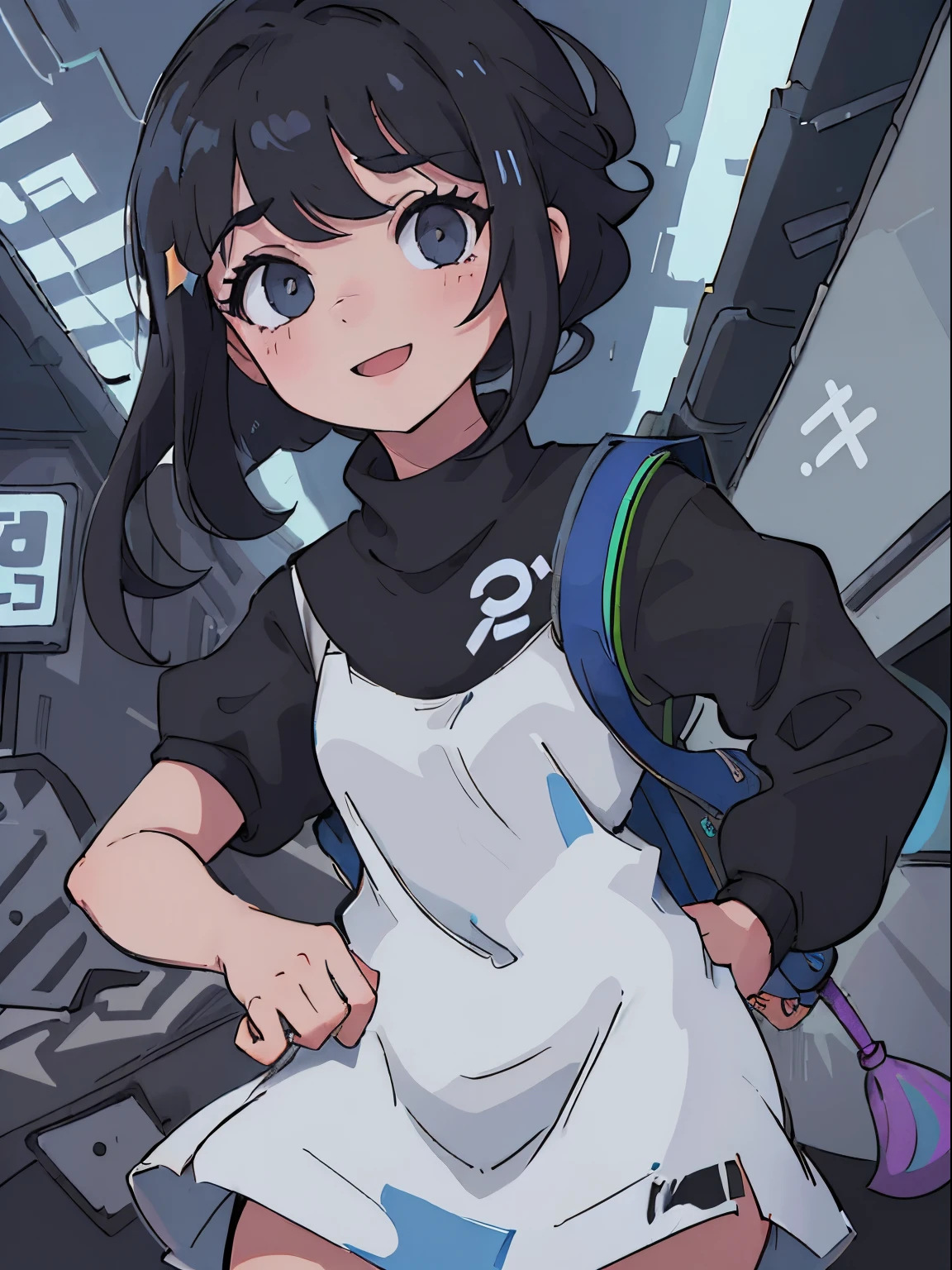 obra prima, qualidade superior, 1girl em, roupas escolares, Um ligeiro sorriso, uma mochila escolar, Um cabelo escuro, olhos negros, cyberpunk, uma rua, monocromatic, desenho de linhas、Gelado