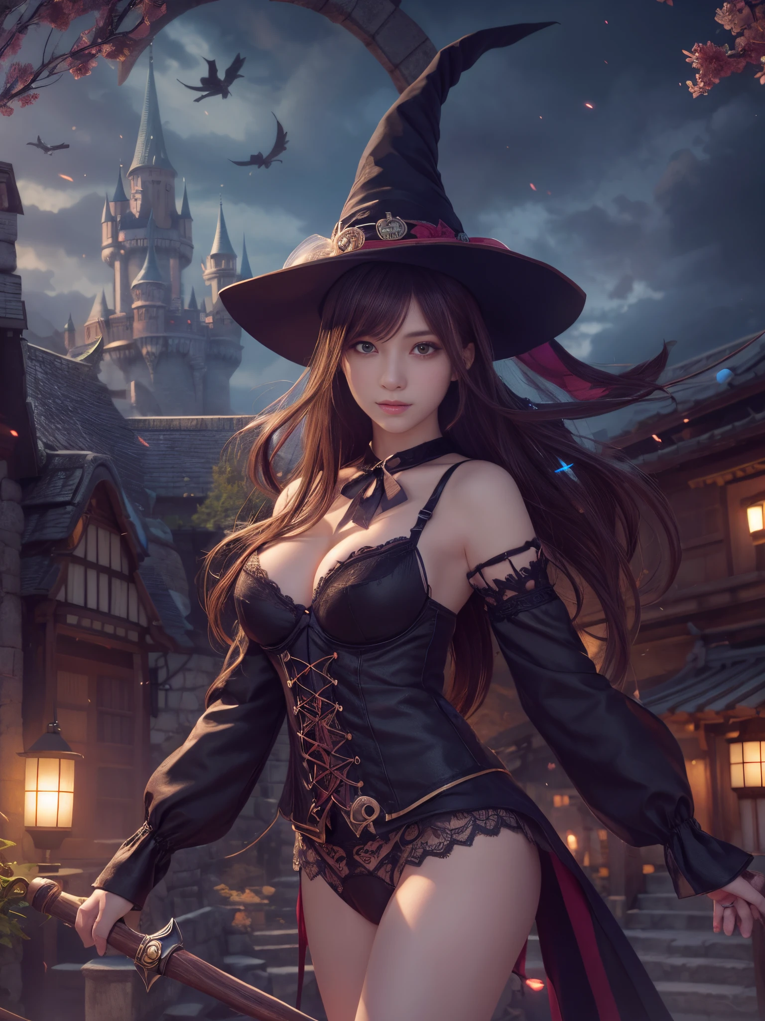 (Raw photo:1.2), (Photorealistic), Beautiful detailed girl, Very detailed eyes and face, Beautiful detailed eyes, Huge file size, High resolution, Very detailed, Best Quality, [masutepiece:1.6], Illustration, Very detailed, Fine detail, Best Quality, 8K Wallpaper, Movie Lighting,A -yeld fee witch in a Japanese RPG game-like world., Underwear only, game style bra, Panties, RPG game style castle,Beautiful face,Witch's Shoes,  Japanese game worldview, castle-like game style