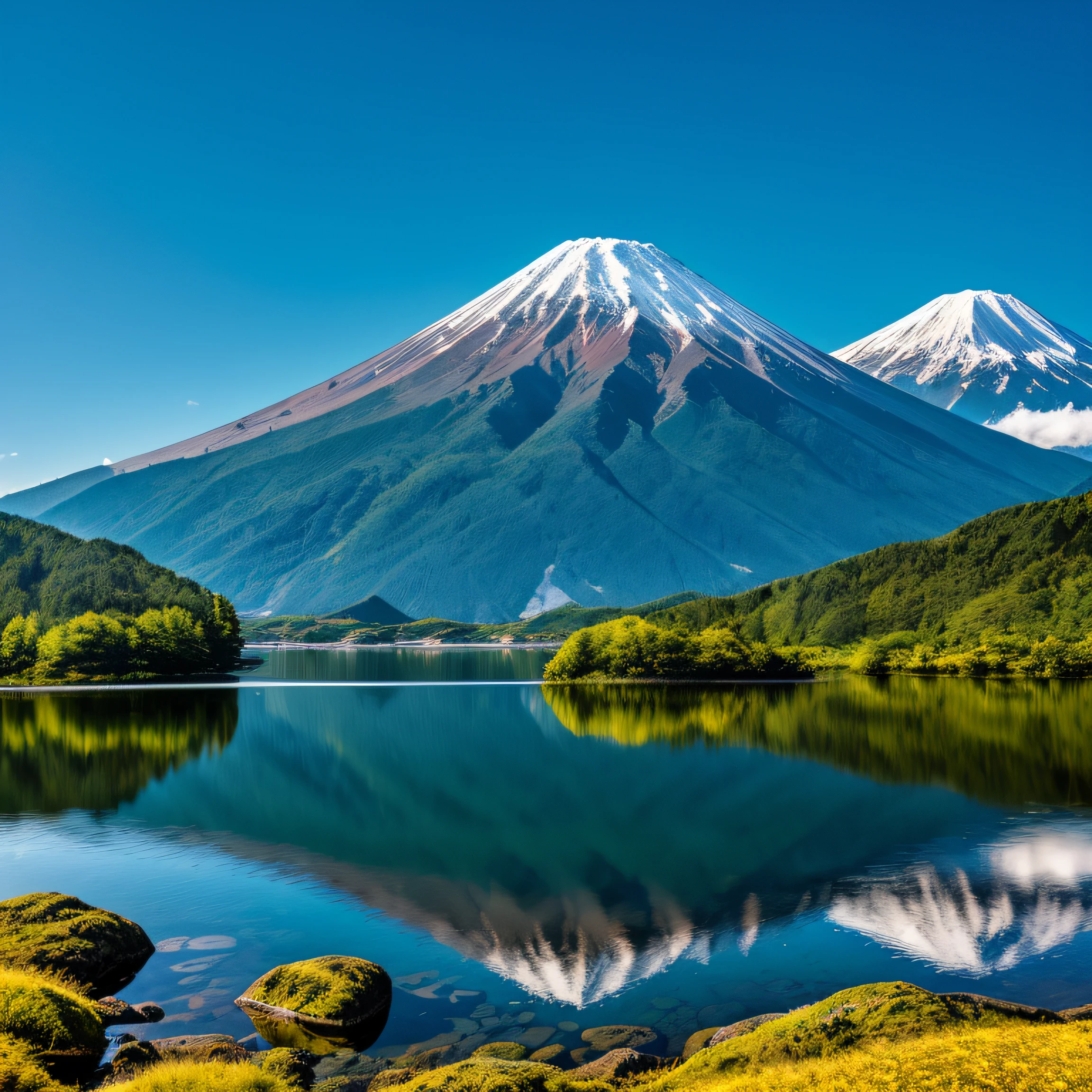 Original photo of the mountain. Fuji, Delicate and beautiful realism, detail, Photorealistic, ultra real photo, 8K UHD, Digital SLR, Dazzling summer mountains, High quality, filmgrain, Fujifilm XT3, (Masterpiece), Majestic mountains. koyama, mont. Fuji reflected on the lake, fresh green beautiful, mountains are main