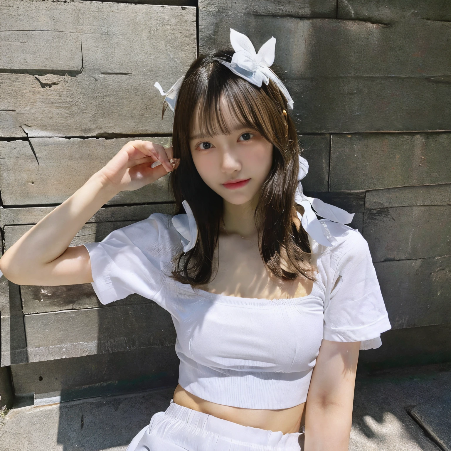 (masterpiece,best quality 1 6),(8k,raw photo,photo realistic 1 4),skinny, shiny skin,long hair, light blue eyes,ultra-detailed face,high resolution 1 3,18 years old, sharp long fangs,skinny,shining silver hair,Chisato Nishikigi, full body,Ahegao, maid outfit, long white T-shirt, white panty, slender, small breasts, tuck up the skirt, nipples
