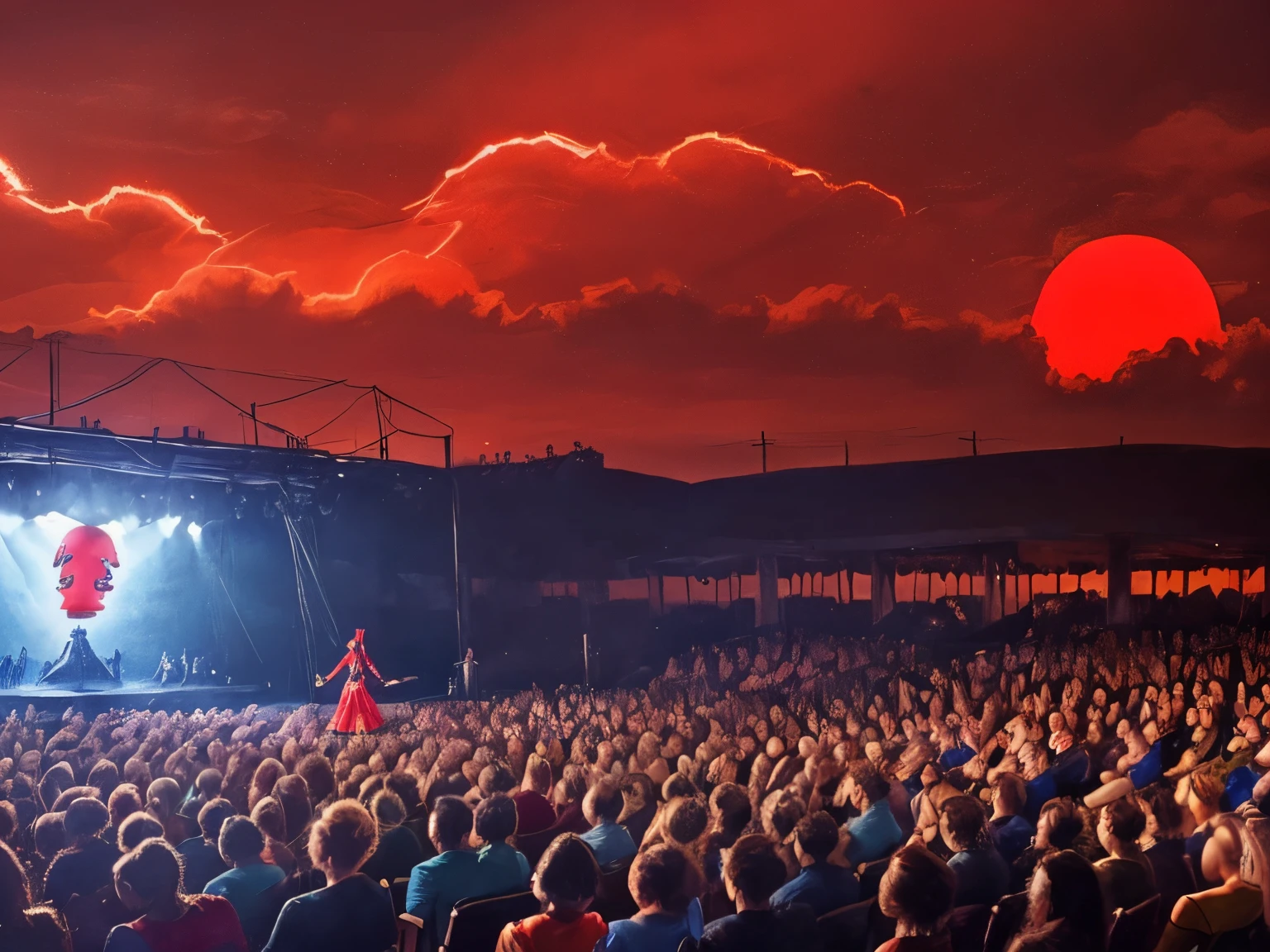 (((Female performer on stage in front of audience))), (((performer in center of photo))), (((red demon head in sky behind performer))), audience memorised by performer, dark, hellish, infernal, extremely detailed, high quality,