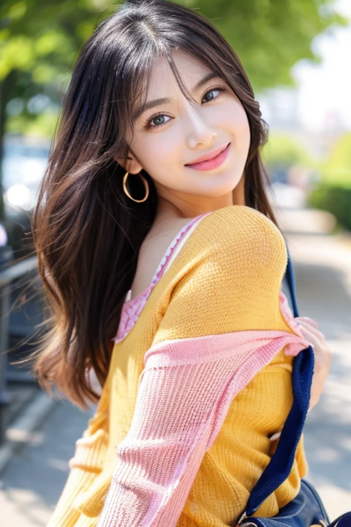beautiful woman with good eyes and nose、Beautiful as a model、Cute like a model、Eyes are double、Usage of regular mascara、Eye color blue、Hair color pink、Her face is delicate and classy.、imagem 4k、Beautiful style like a model、Ordinary big、A refreshing and lovely smile、Yellow blouse、plain orange miniskirt、University campus on a sunny day、Pose like a model、Overall portrait、Snapshots、Grab your second bag、