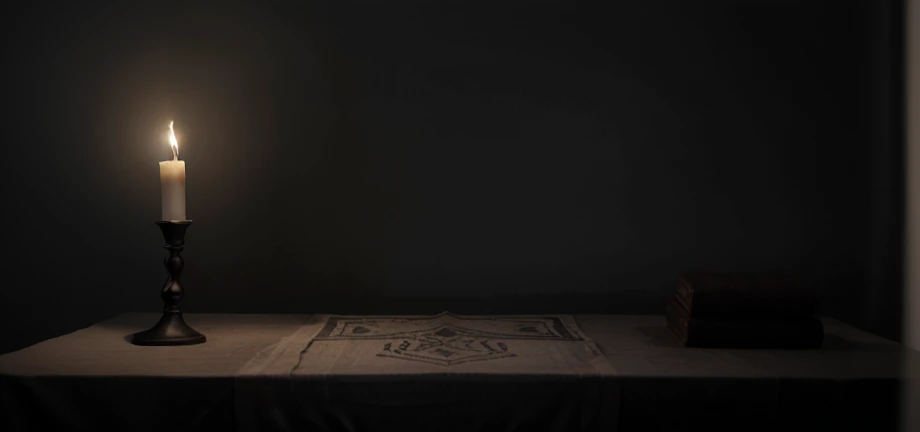 il y a une bougie allumée sur une table avec un tissu, Toile de fond de studio sombre, scène sombre avec une lumière tamisée, Nature morte Photo d’une toile de fond, Atmosphère sombre et beige, arrière-plan studio sombre, dans une chambre sombre d’un studio, Configuration sombre, Chambre intérieure faiblement éclairée, Scène faiblement éclairée, avec un livre vintage sur une table, technologie de tissu vantablack
