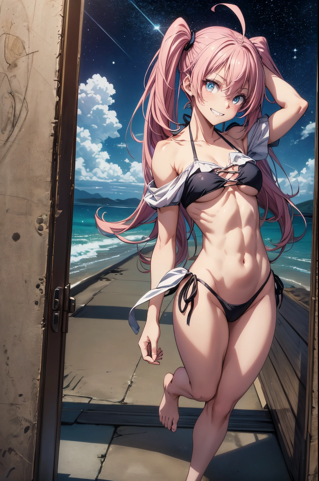 1 girl, (medium boobs))) (((big ass))), (mischievous smile), (showing teeth), (((very short bikini))), (long pink hair), (((eyes blue))), (on the beach at night with a starry sky and a moon full of blood), (slender), (thin waist), (butt only), legs (slim and muscular), muscular belly, bare feet, ((( full body photo))), (standing), (((doing the peace pose))), twintails, sparkling eyes, eye reflection, sulking, anime, anime style, ray tracing, sparkle, drop shadow, (camera from below), panorama, Sony FE, 8k, UHD, masterpiece, ccurate, anatomically correct, super detail, best quality, highres, HD, 16k